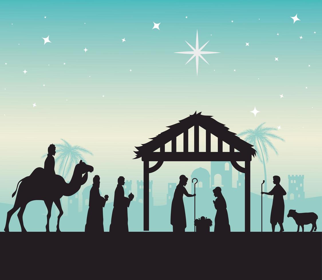 Merry Christmas and nativity with Mary, Joseph, baby Jesus and the three Magi vector