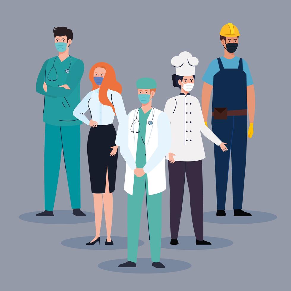 Group of essential workers wearing face masks vector