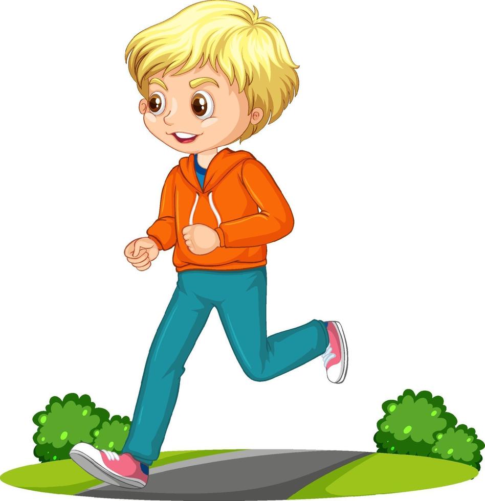 Boy doing running exercise cartoon character isolated vector