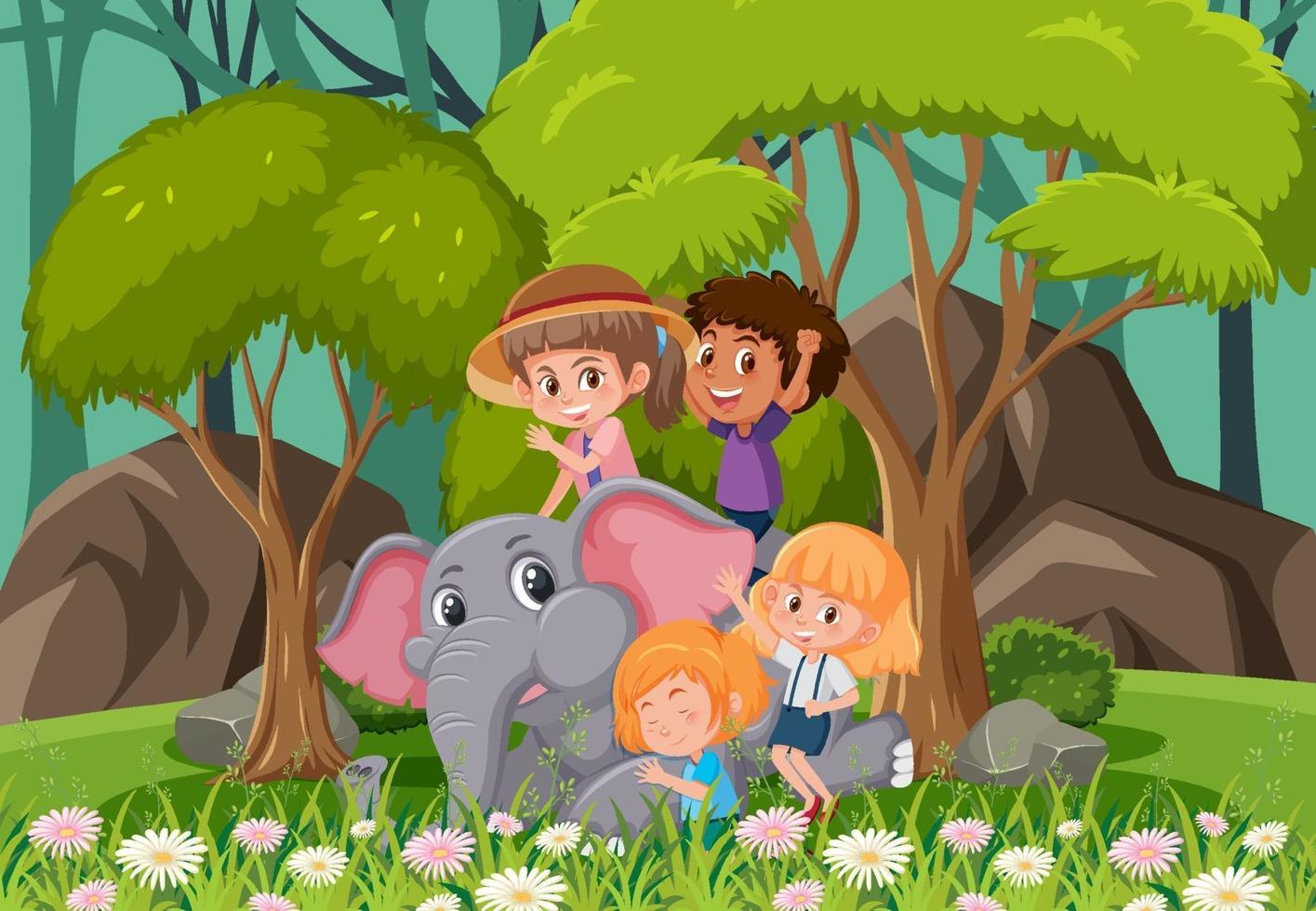 Escena del bosque con niños jugando con un elefante. vector