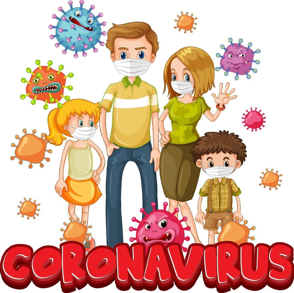 miembros de la familia con máscara con fuente coronavirus vector