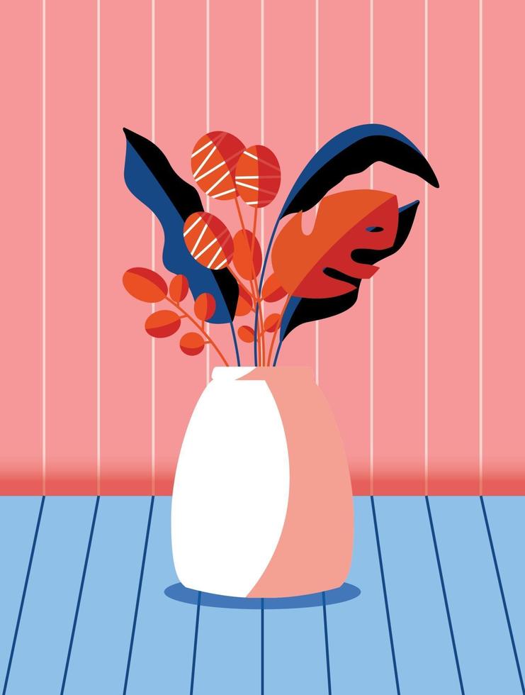 colorido ramo de flores de primavera y ramas en un jarrón. Ilustración de tarjeta vertical artística con estilo. vector