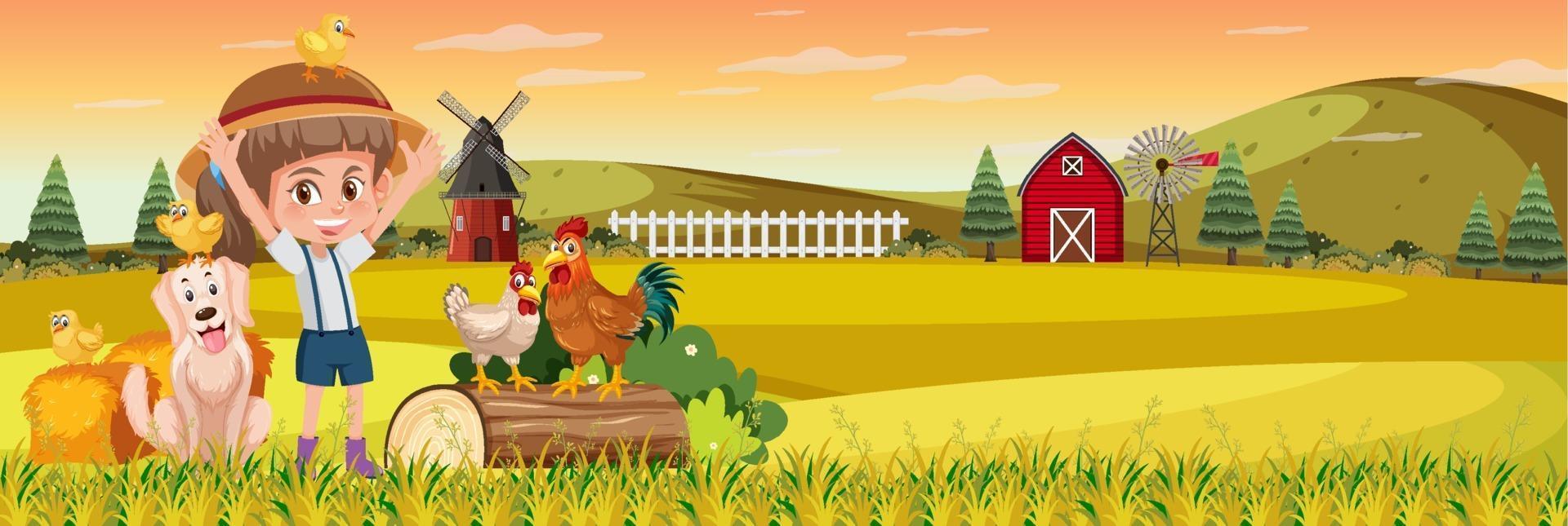 Cute girl in nature farm horizontal landscape scene at sunset time vector