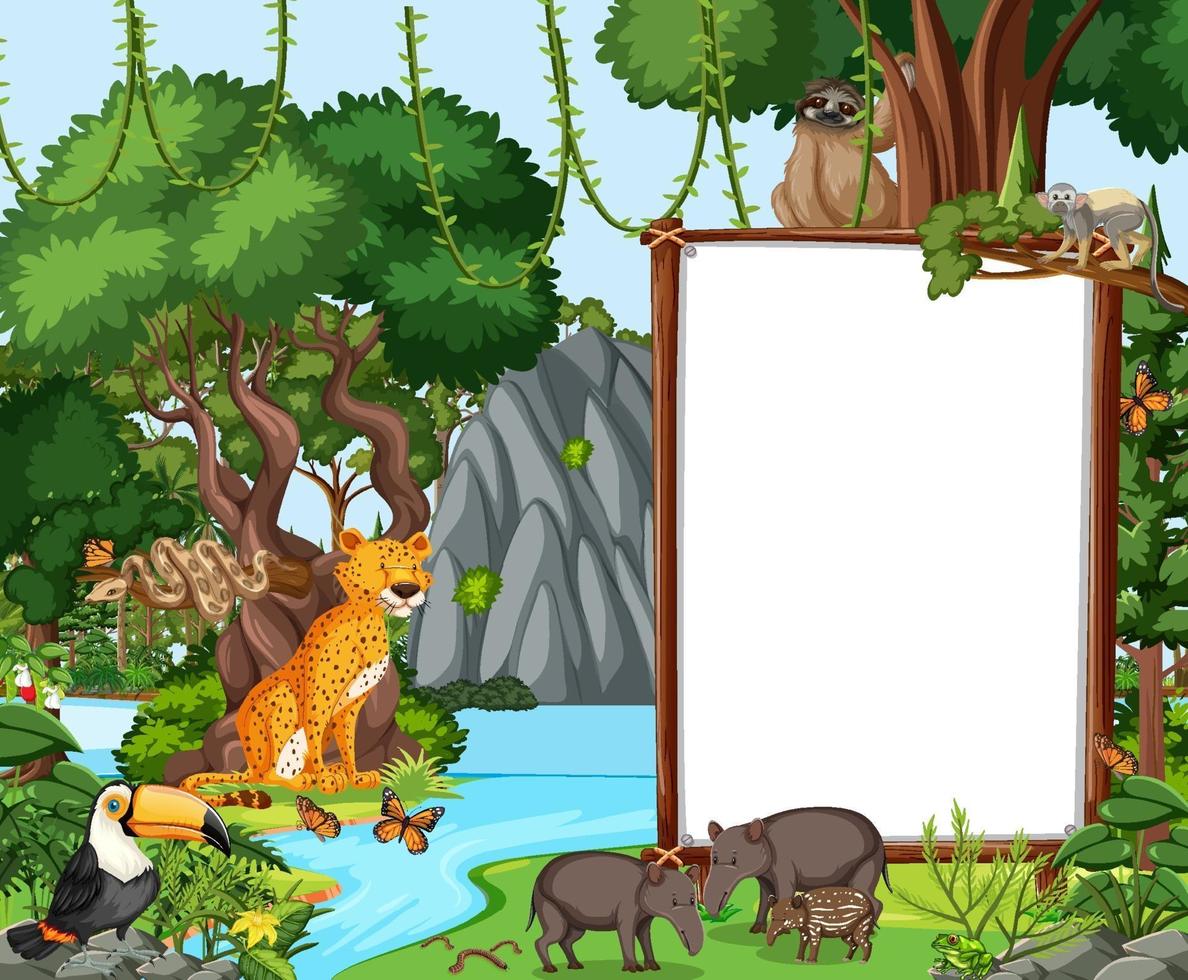 Forest scene with empty banner and many wild animals vector