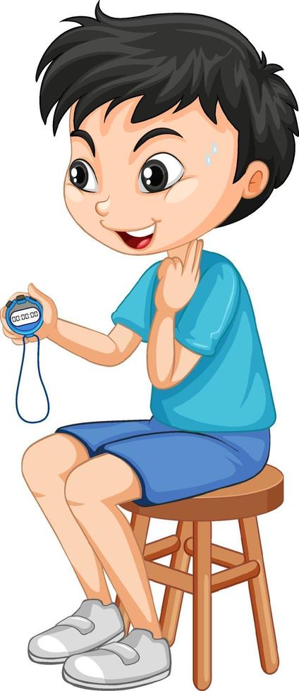 Cute boy sitting on a chair and holding timer vector