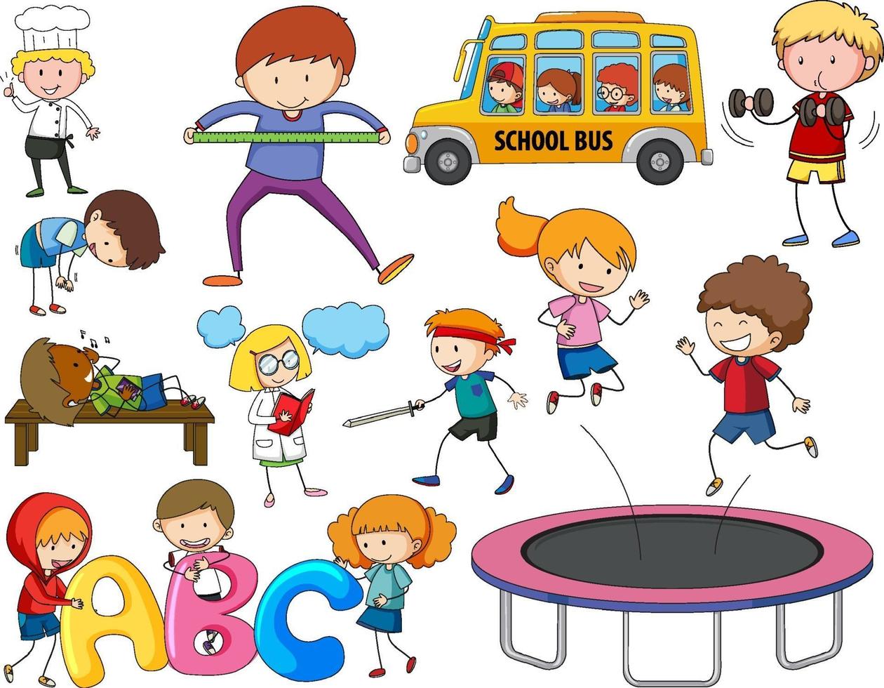 Set of different doodle kids cartoon character vector