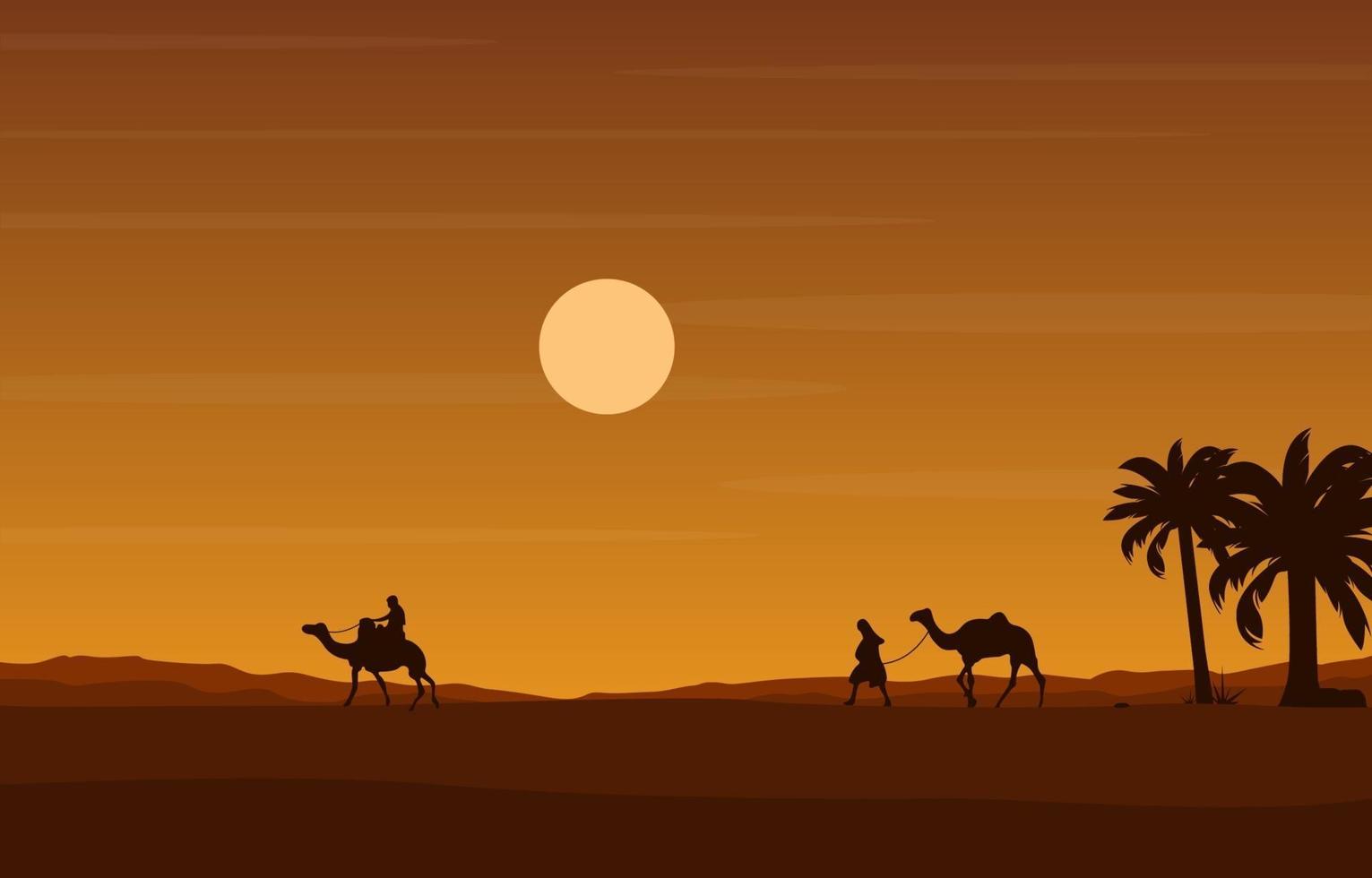 jinete de camello cruzando la vasta colina del desierto paisaje árabe ilustración vector