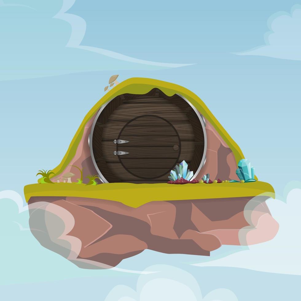 Round door house on air island, Cartoon vector illustration