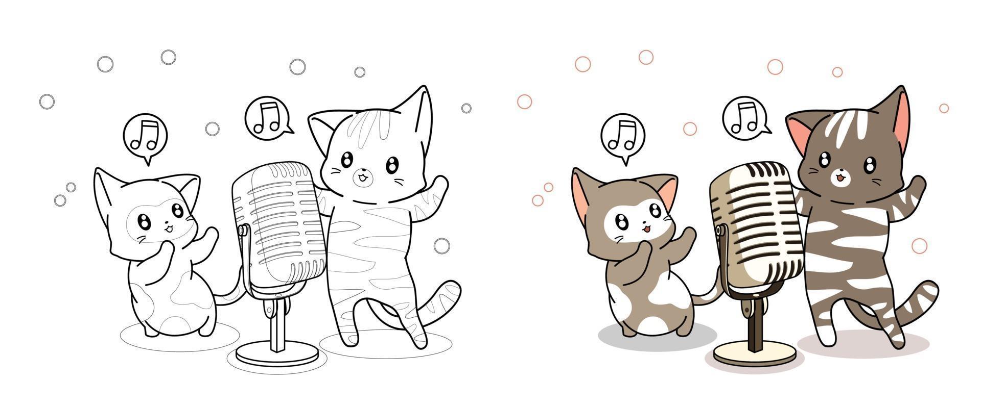 Kawaii gatos está cantando página para colorear de dibujos animados vector