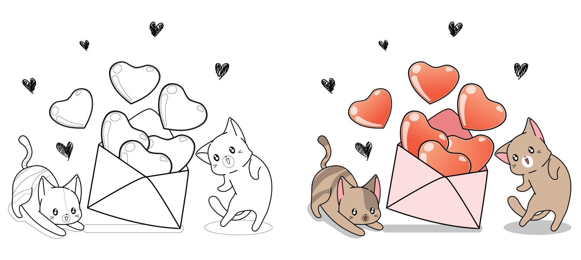 gatos adorables están abriendo la página para colorear de dibujos animados de cartas de amor para niños vector