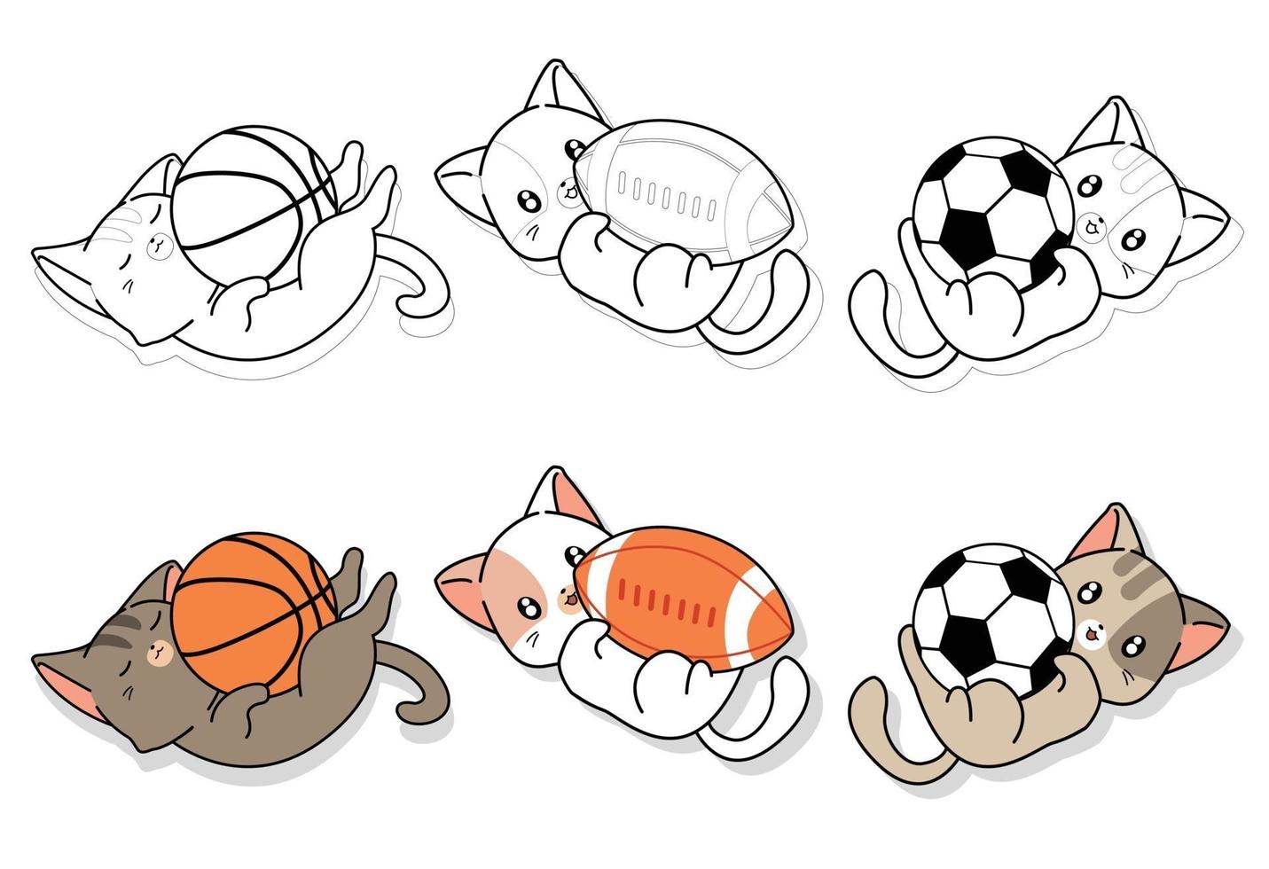 Lindos gatos y equipos deportivos página para colorear de dibujos animados para niños vector