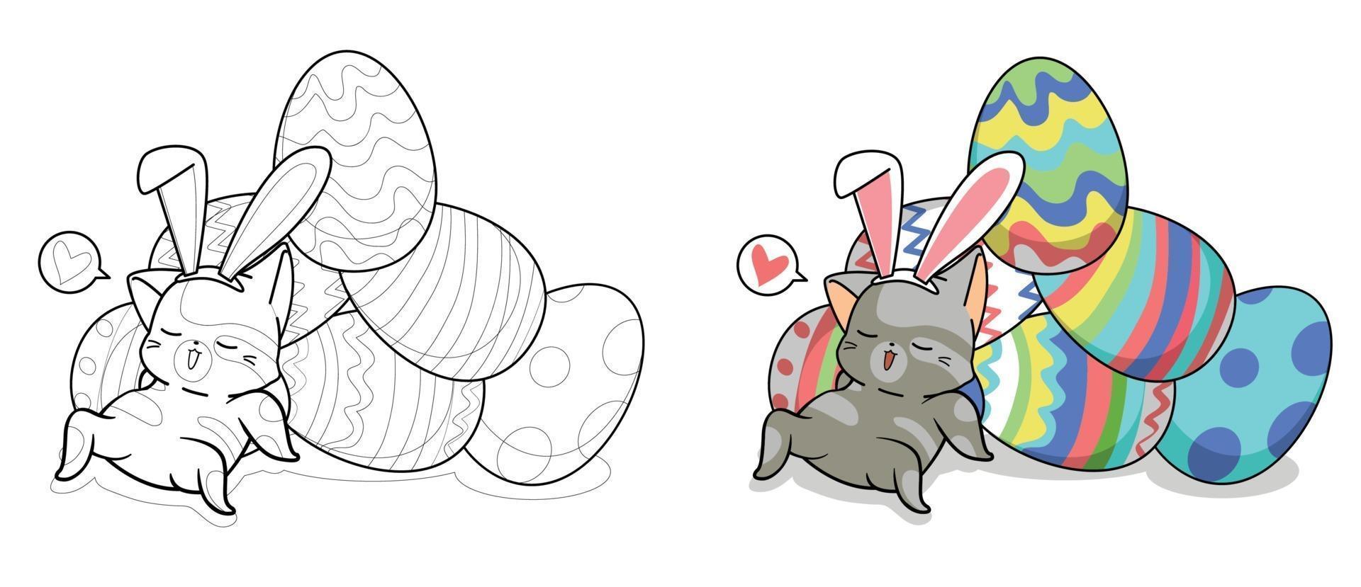 lindo conejito gato y huevos para el día de pascua página para colorear de dibujos animados para niños vector