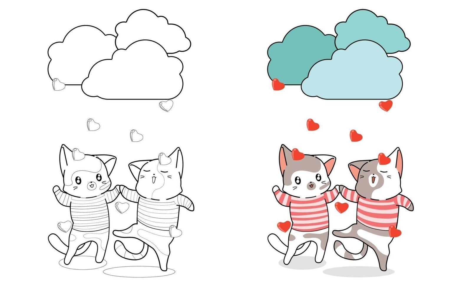 Cute couple of cats are enjoying rain of love cartoon coloring page vector