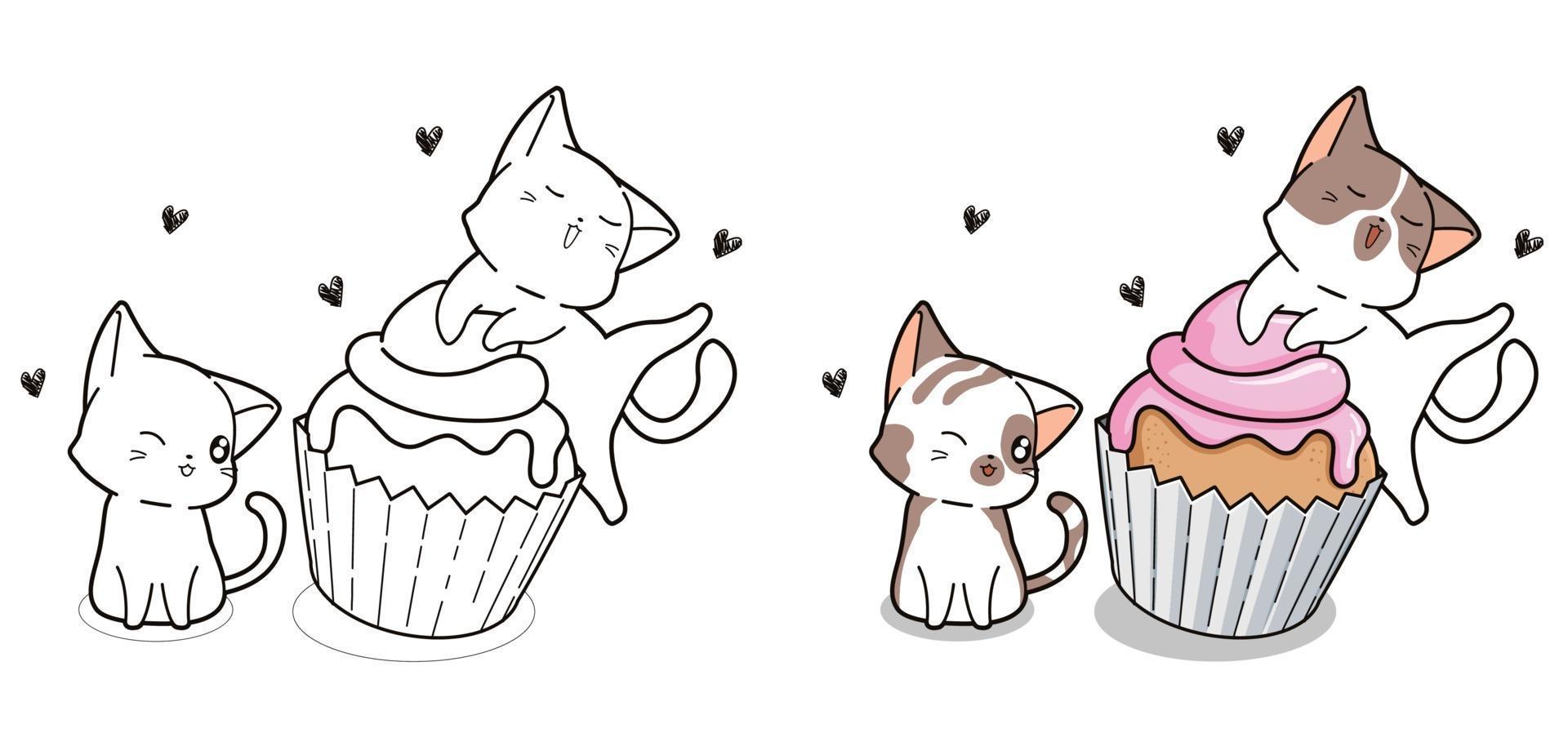 Cute cats and cupcake cartoon coloring page vector