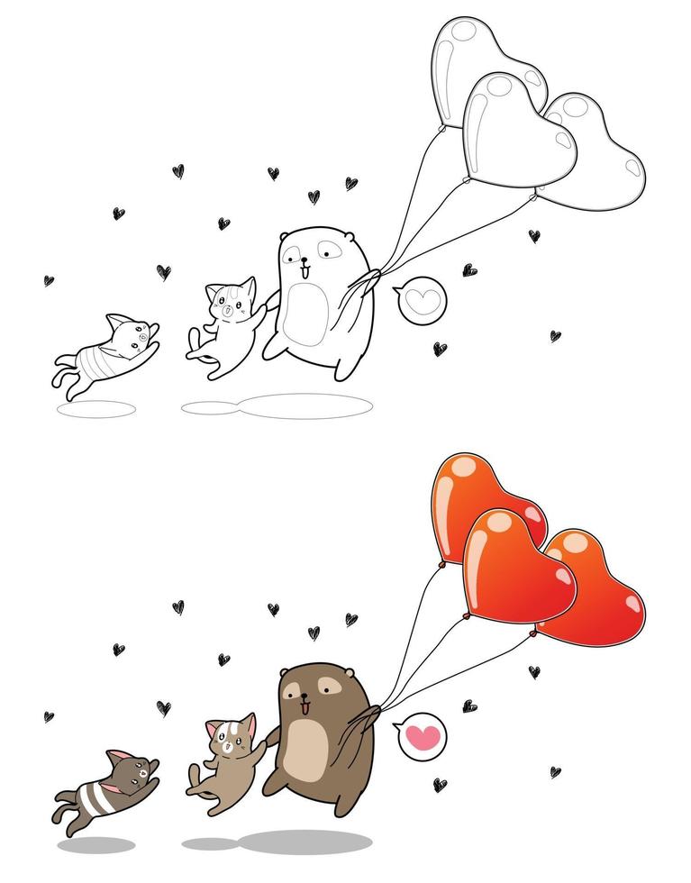 Par de gato y oso con globos de corazón página para colorear de dibujos animados vector