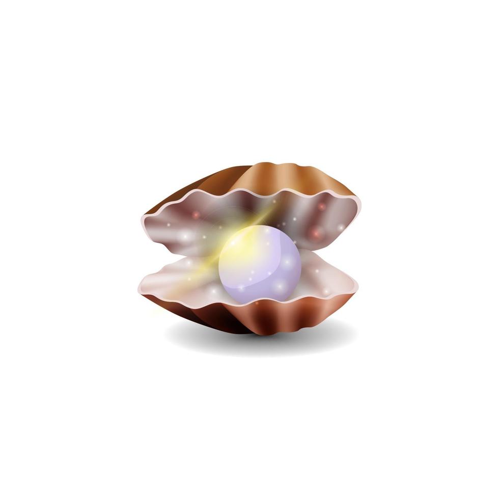 Realistic vector volumetric pearl in shell isolated on white backgroundRealistic vector volumetric pearl in shell isolated on white background