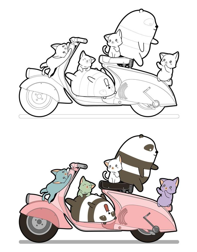 adorables gatos y pandas aman la página para colorear de dibujos animados de motos para niños vector