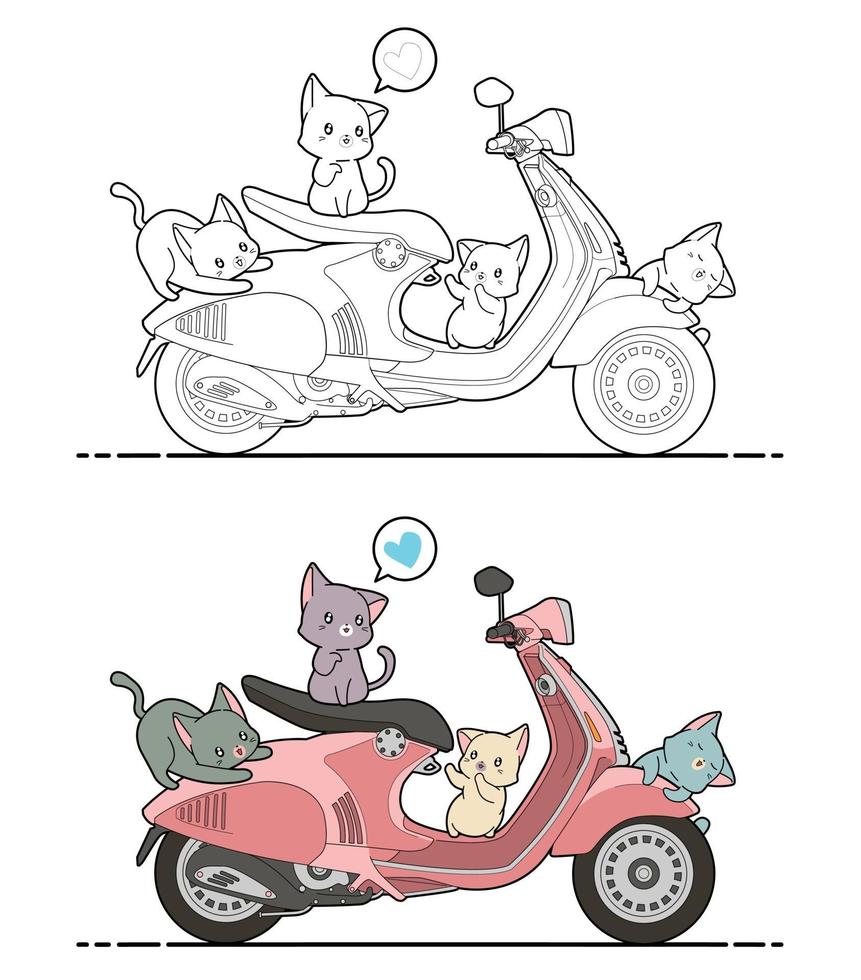 Adorables gatos en moto página para colorear de dibujos animados para niños vector