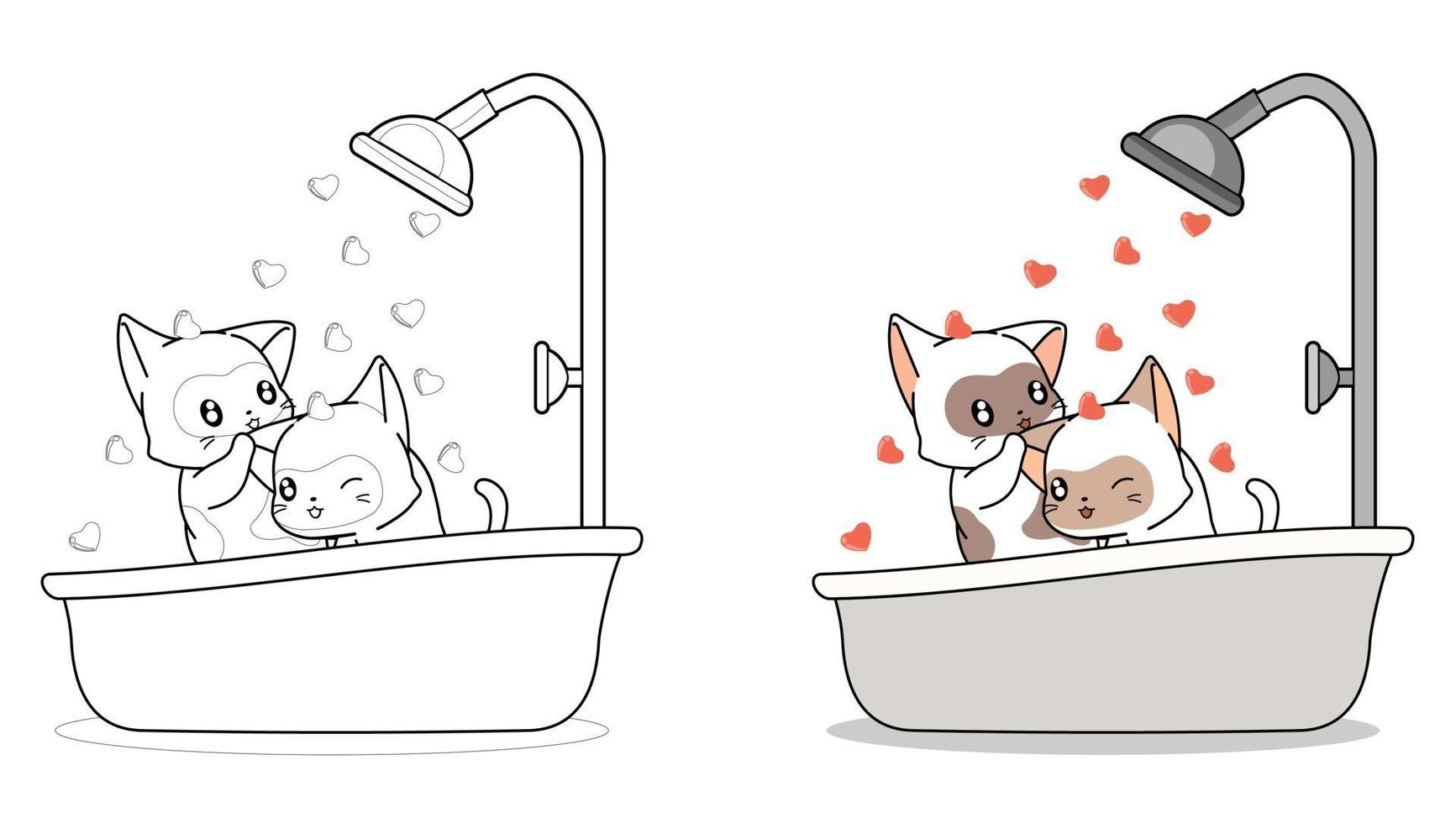 par de gatos se bañan página para colorear de dibujos animados vector