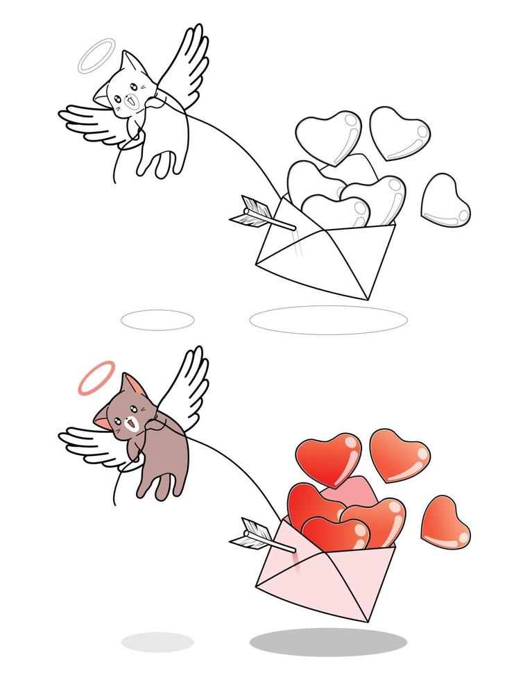 Cupido gato está levantando el amor de la carta página para colorear de dibujos animados vector