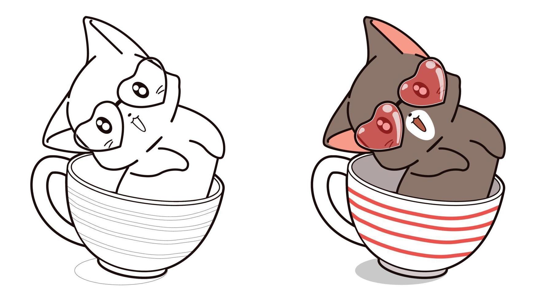 Adorable gato en la página para colorear de dibujos animados de taza vector