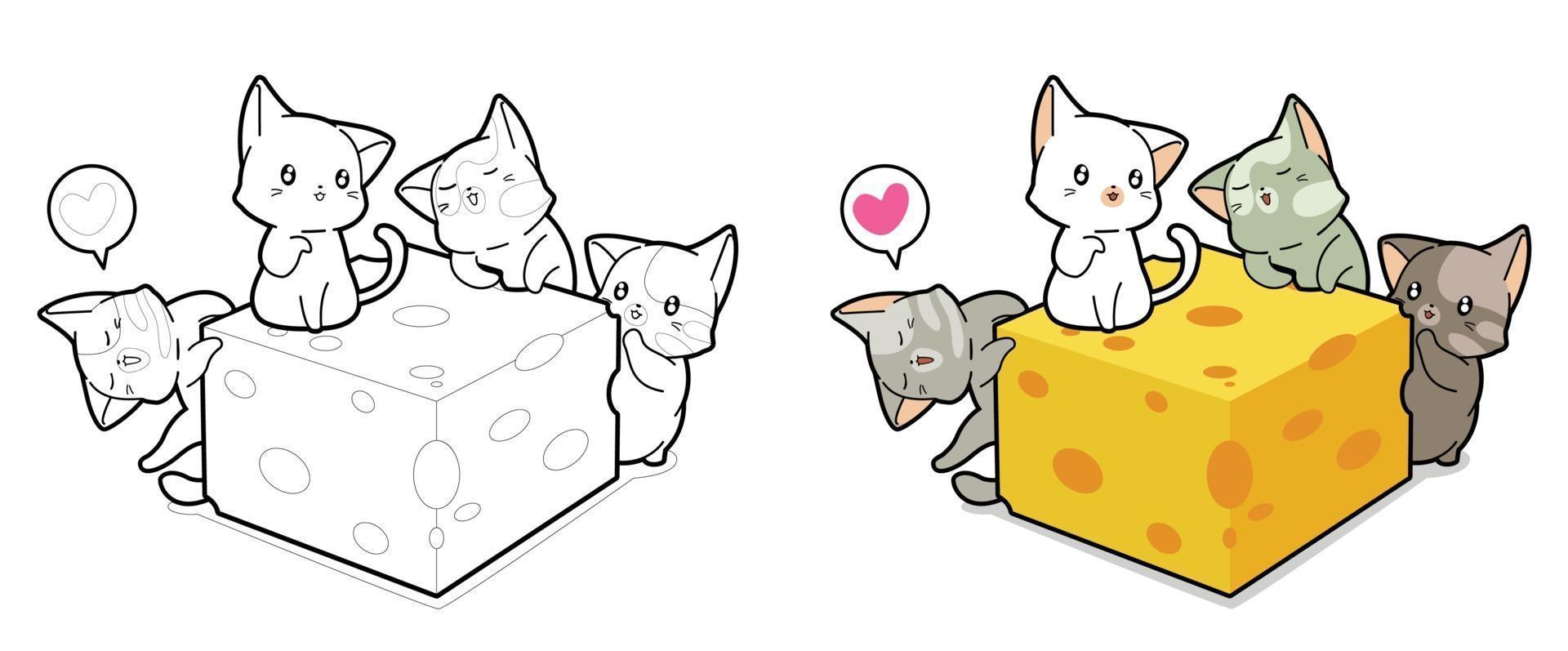 Kawaii gatos y queso página para colorear de dibujos animados para niños vector