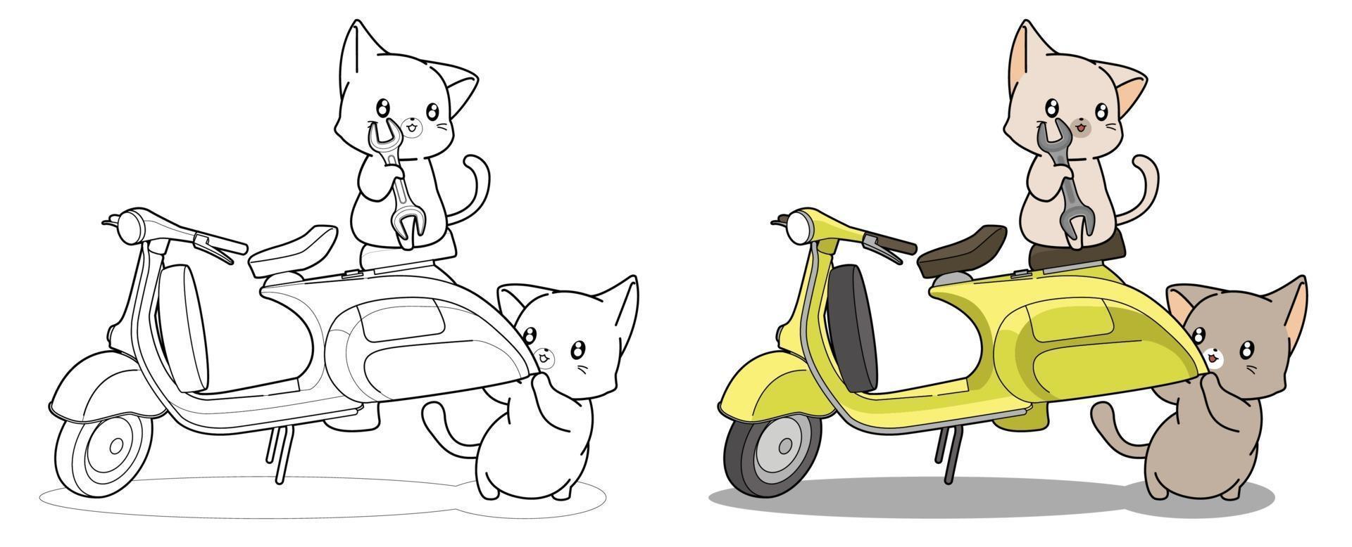 Lovely engineer cats and motorcycle cartoon coloring page vector
