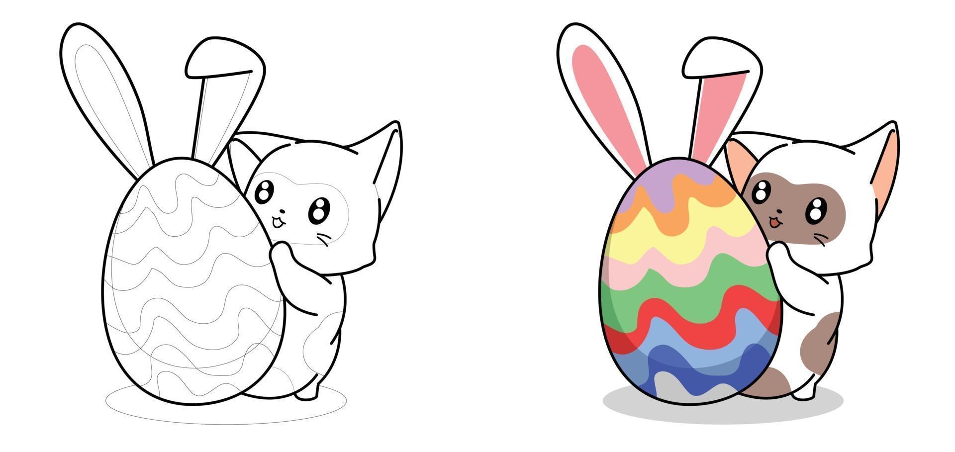 adorable gato y huevo de conejito para el día de pascua página para colorear de dibujos animados para niños vector