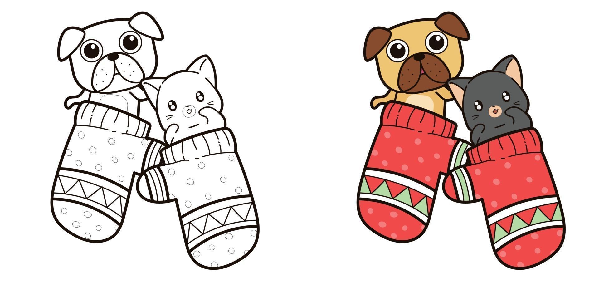 perro y gato, dentro, guantes, caricatura, colorido, página vector