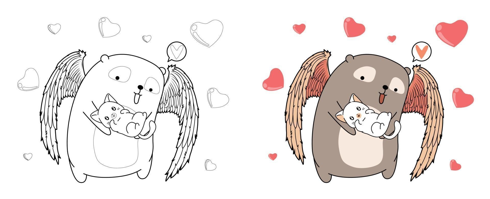 Cupid bear is hugging lovely cat cartoon coloring page vector