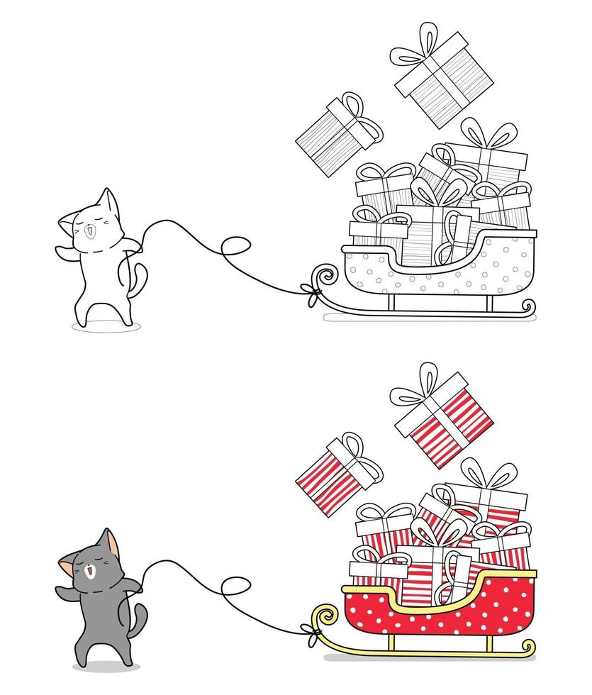 Cat is pulling a sleigh cartoon coloring page vector