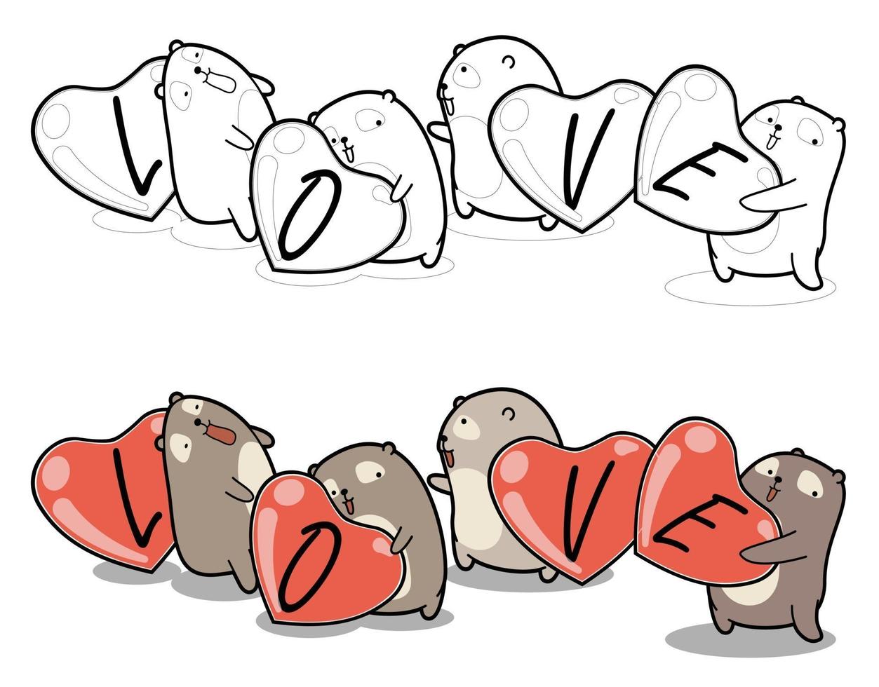 Cute bears are hugging lovely hearts cartoon coloring page vector