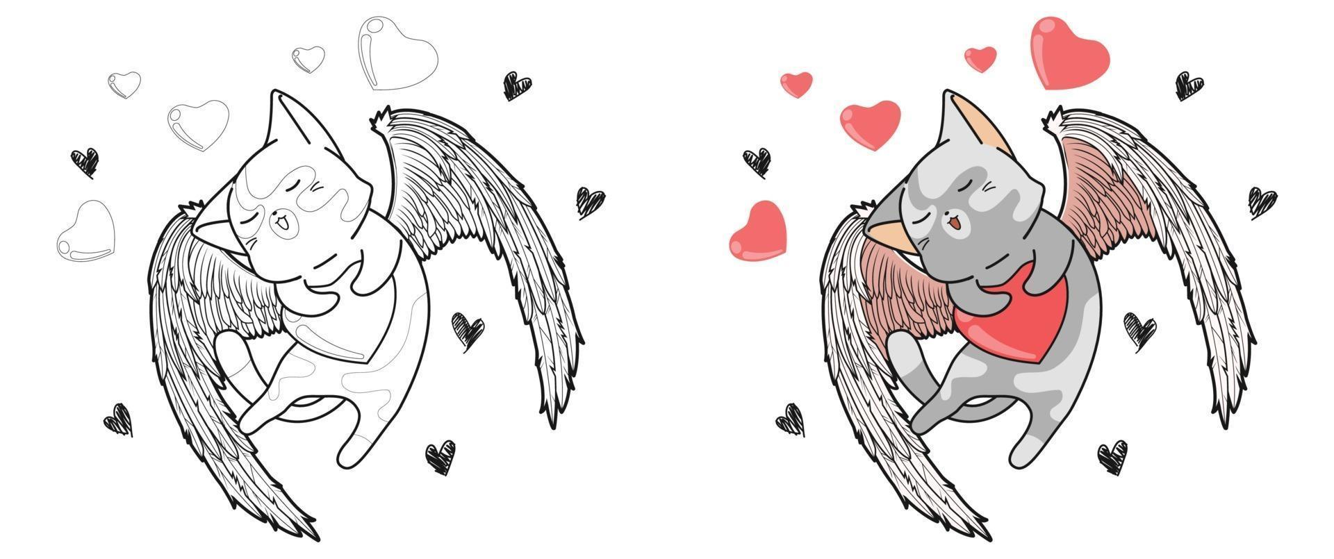 Cupido cat está abrazando el corazón en la página para colorear de dibujos animados del día de San Valentín para niños vector