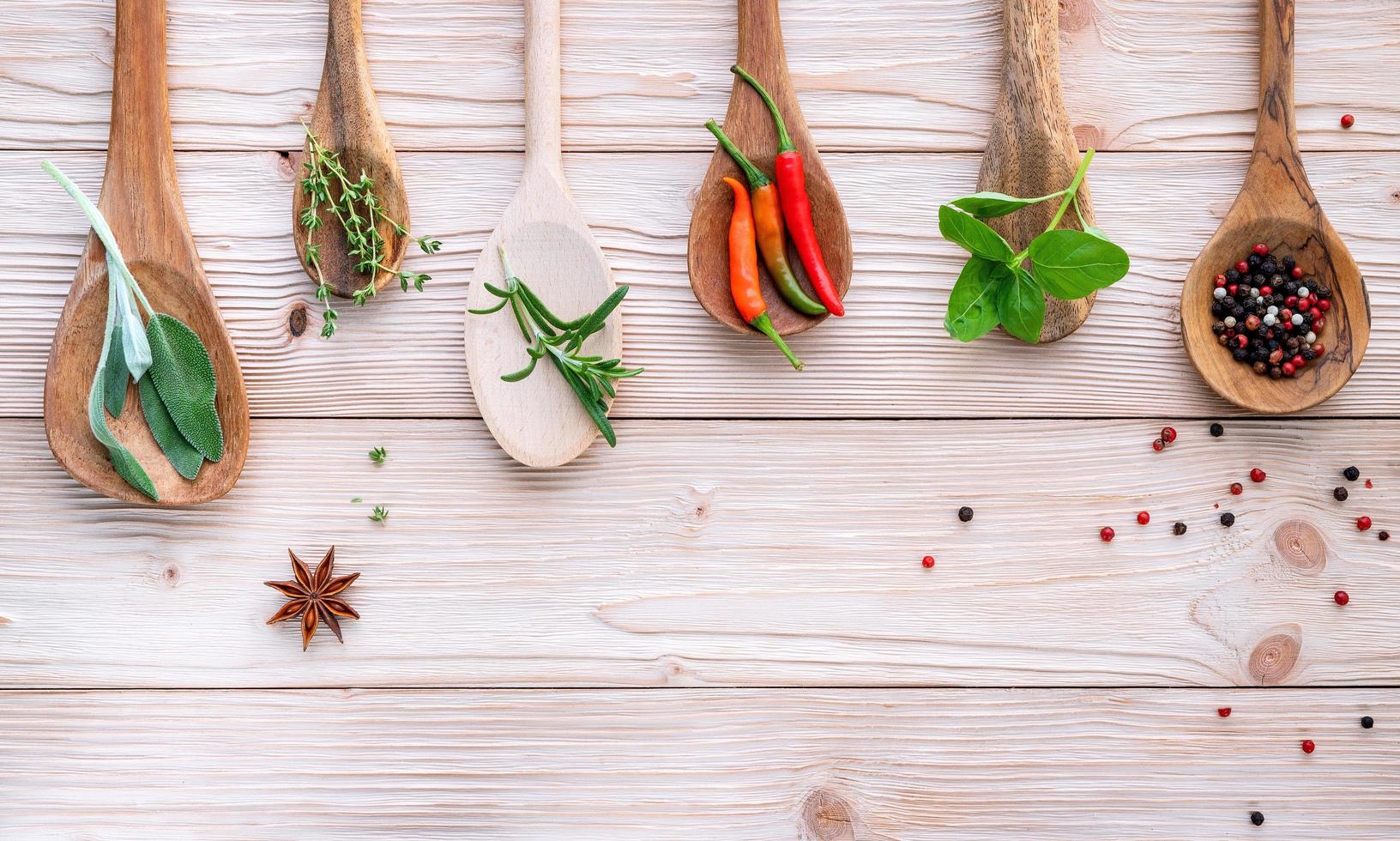 Herbs and spices in spoons photo