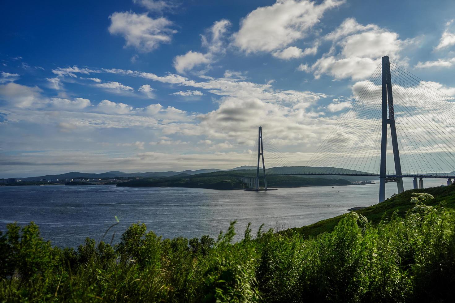 Paisaje marino de campo verde por Golden Horn Bay y el puente Zolotoy con nublado cielo azul en Vladivostok, Rusia foto