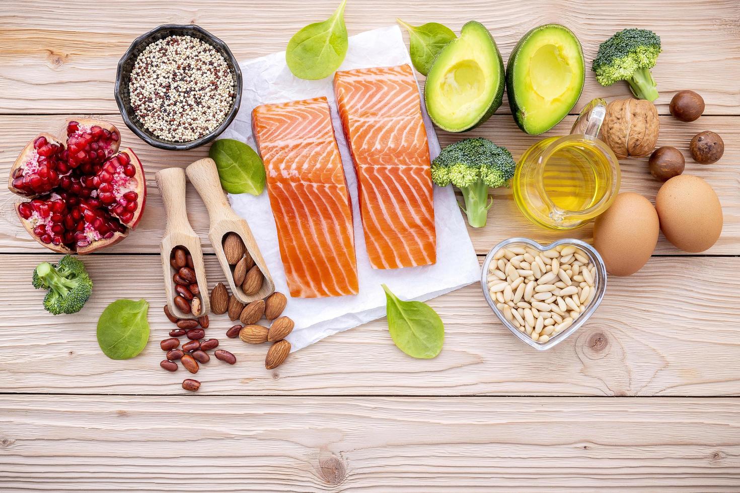 Raw salmon and healthy ingredients photo