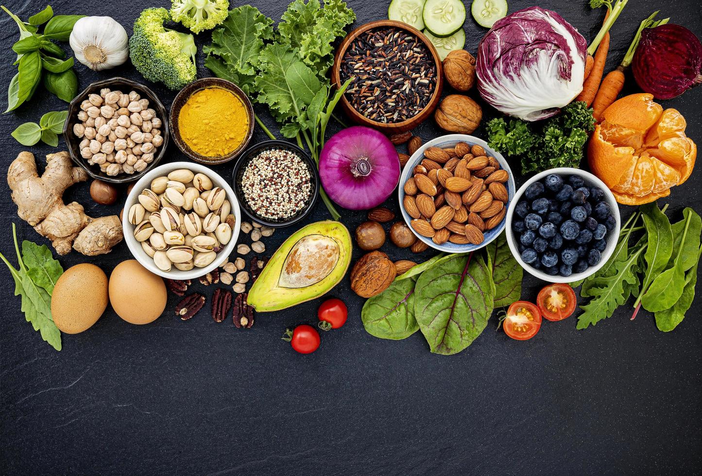 Healthy fruit, veggies, and nuts photo