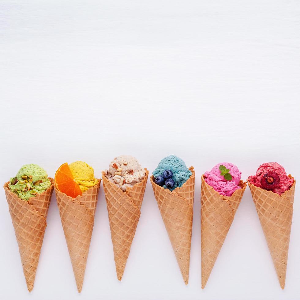 Colorful ice cream in cones with copy space photo