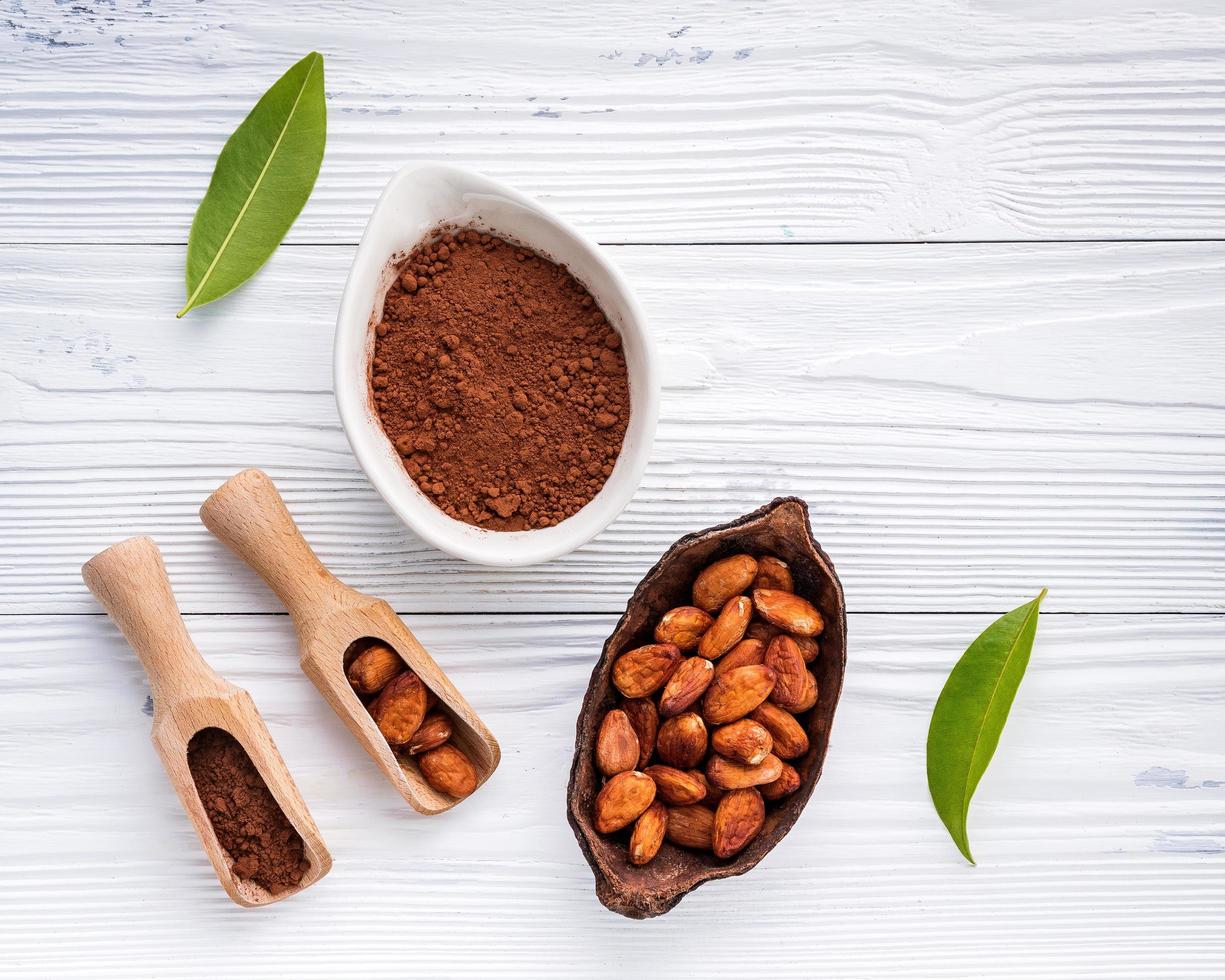 Cacao en polvo y granos de cacao sobre un fondo blanco cutre foto