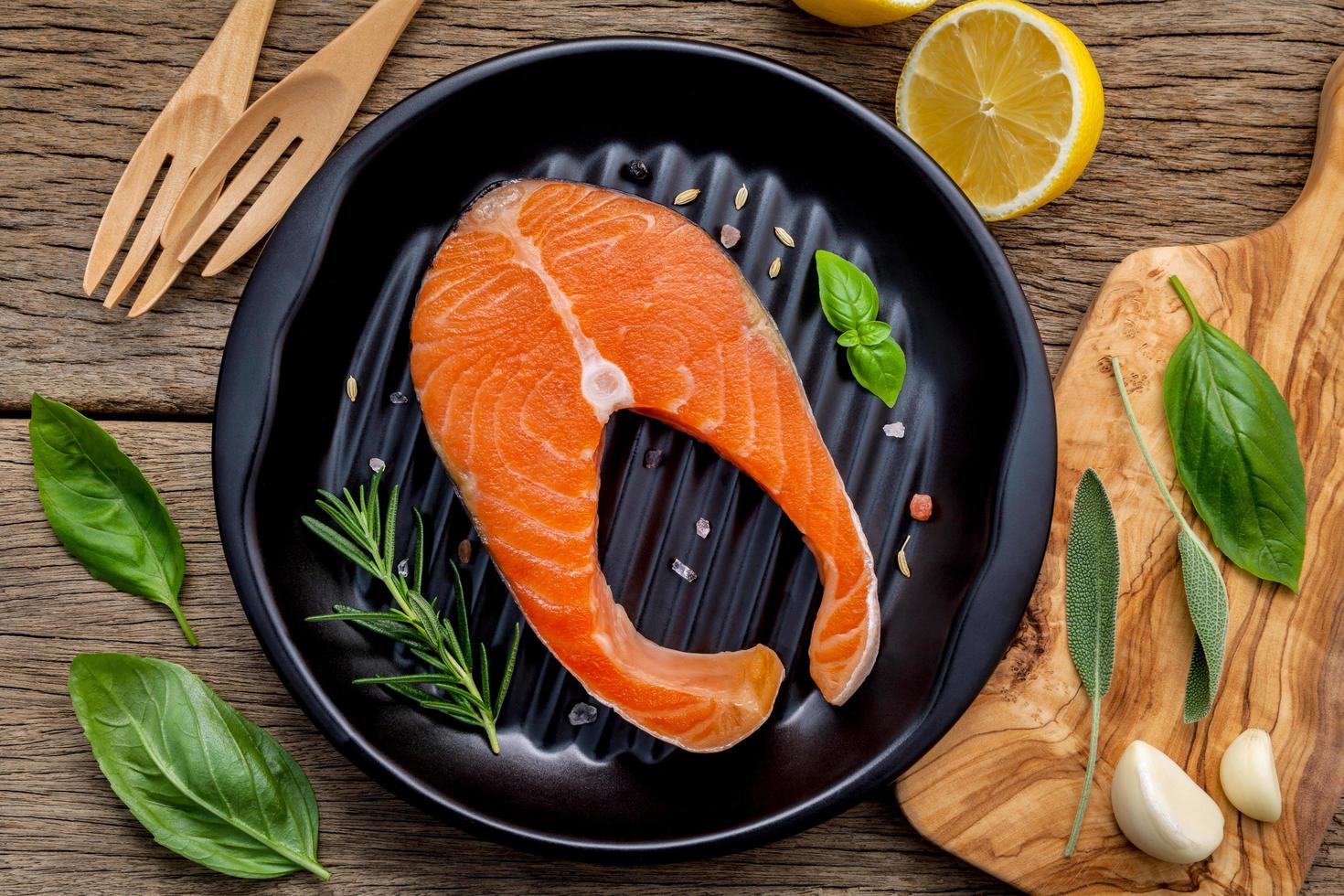 Top view of salmon in a skillet photo