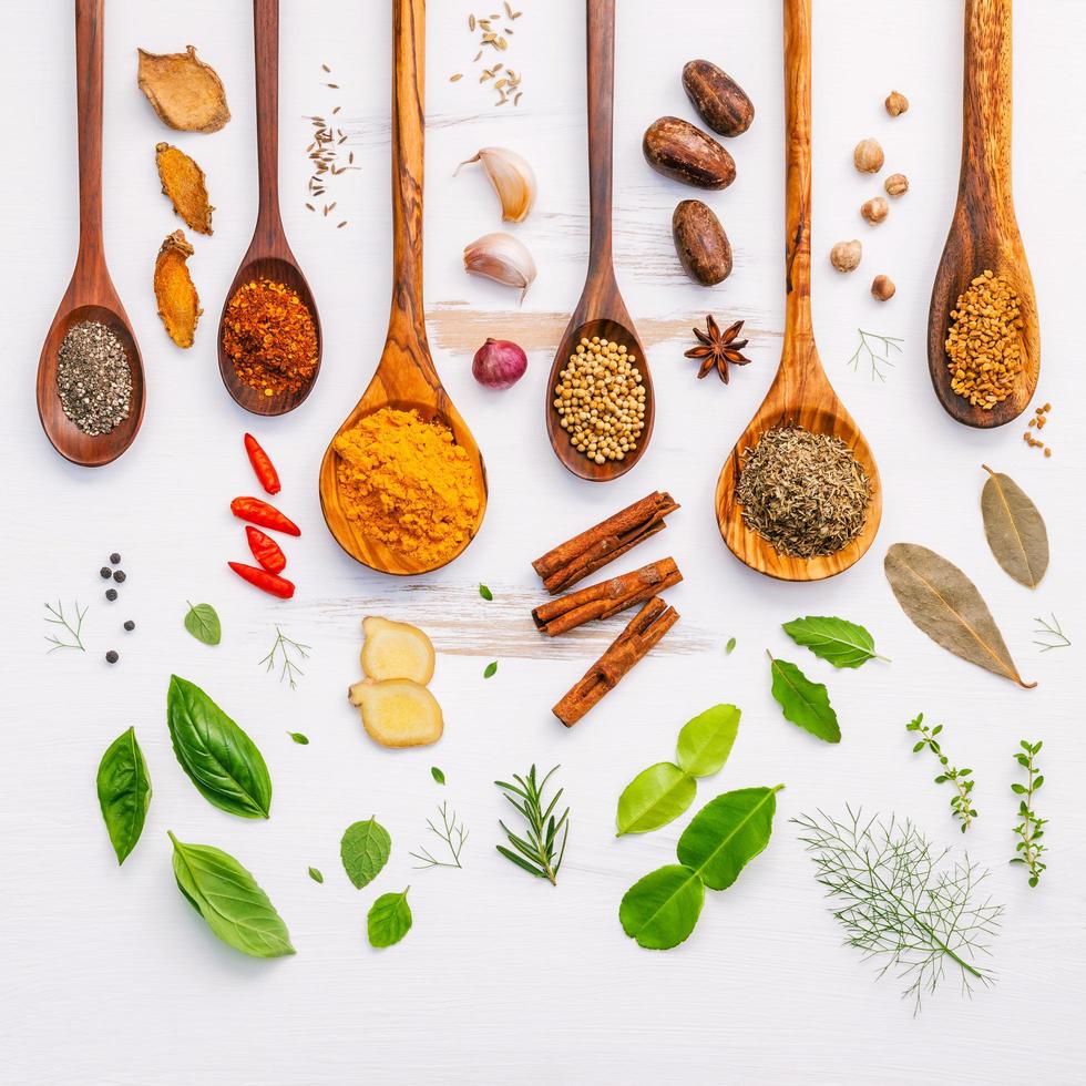 Herbs and spices with wooden spoons photo