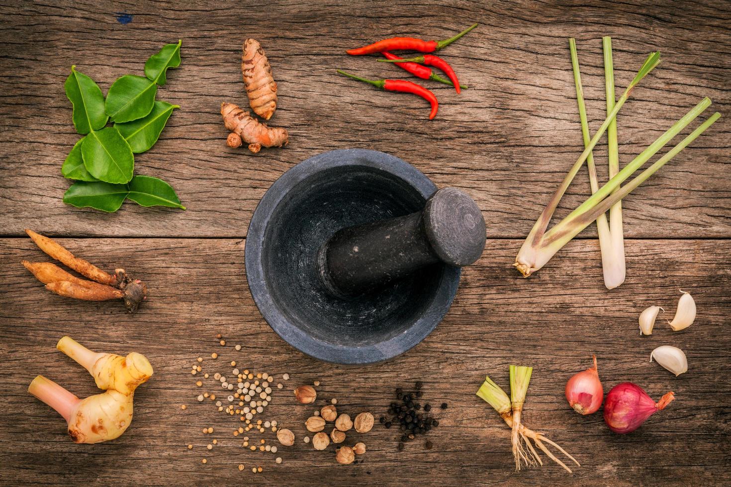 Mortar and pestle with fresh ingredients photo