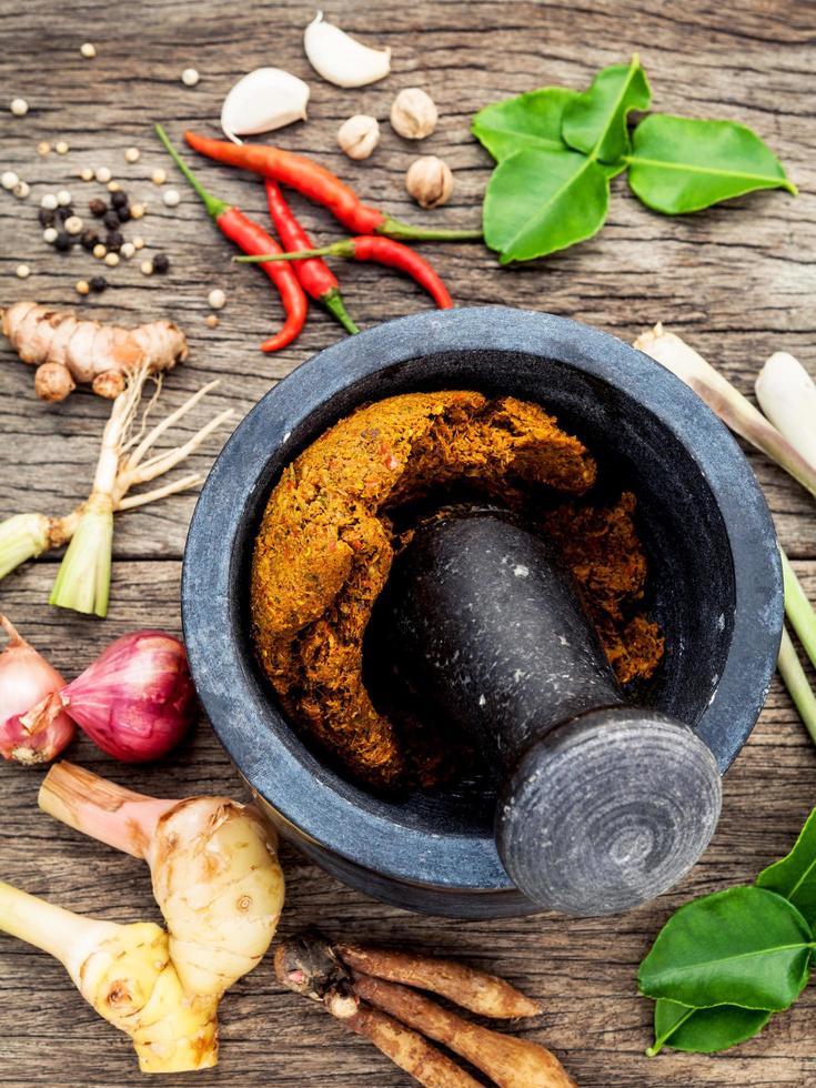 Spices being ground in mortar photo