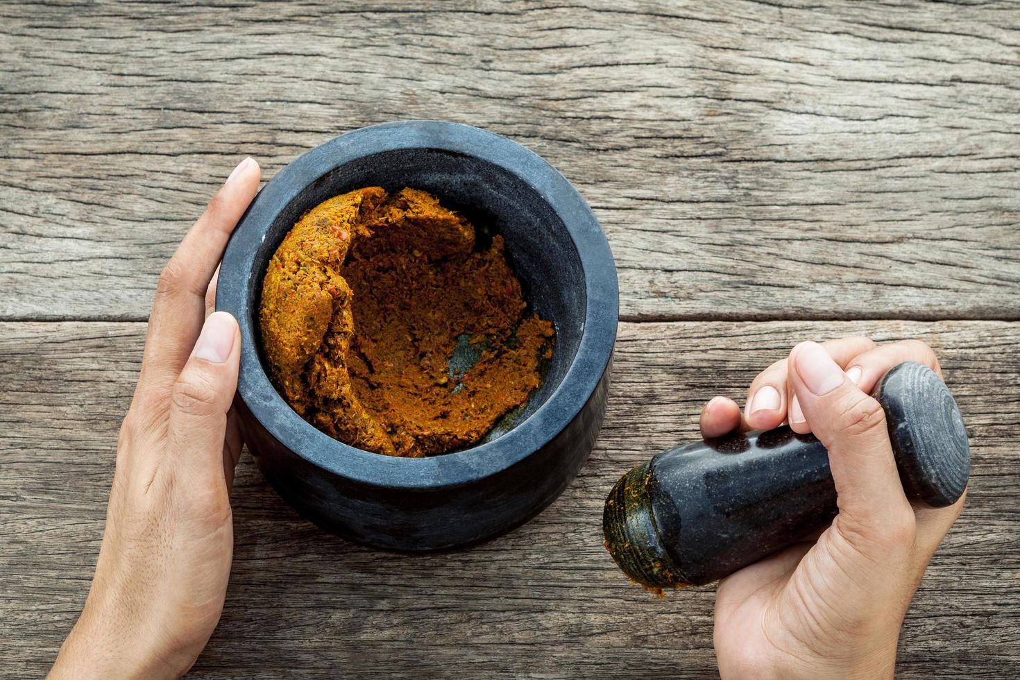 Person holding a pestle with mortar photo