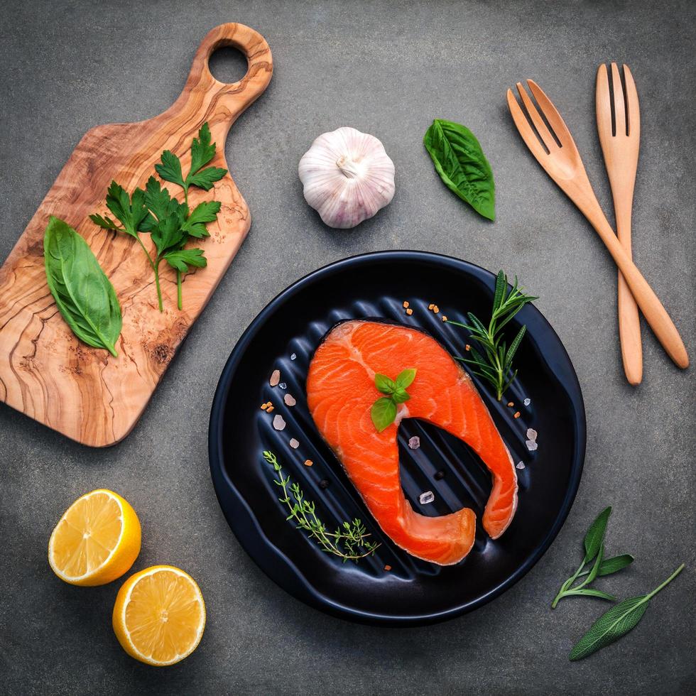 Top view of salmon and ingredients photo