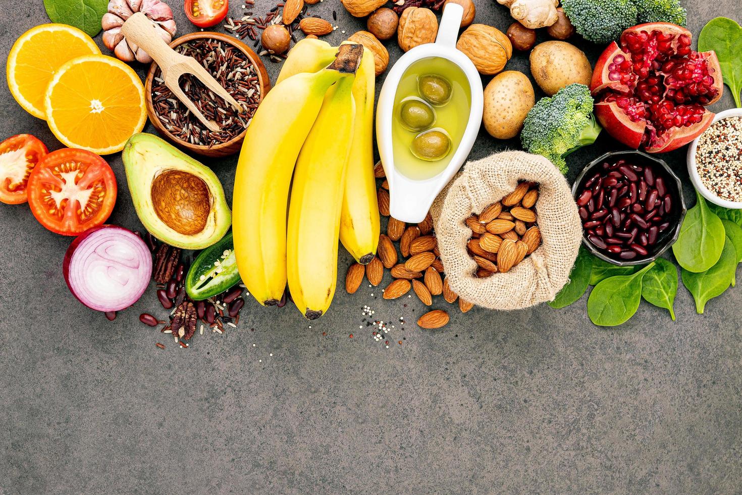 Healthy ingredients on a gray background photo