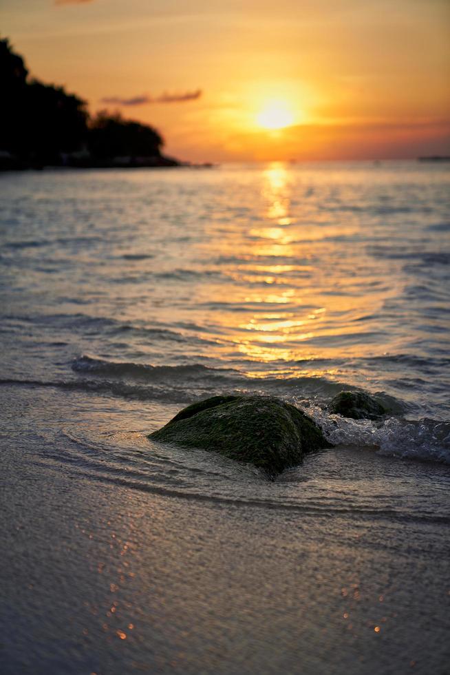 Mossy rock on beach with colorful cloudy sunset photo