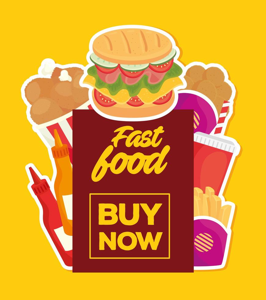 cartel de comida rápida con letras comprar ahora vector