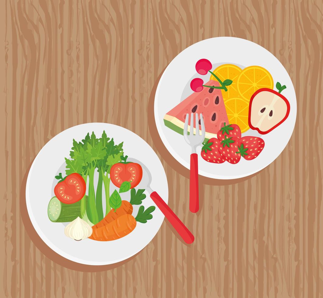 Plate with fresh and healthy fruits and vegetables on wooden background vector