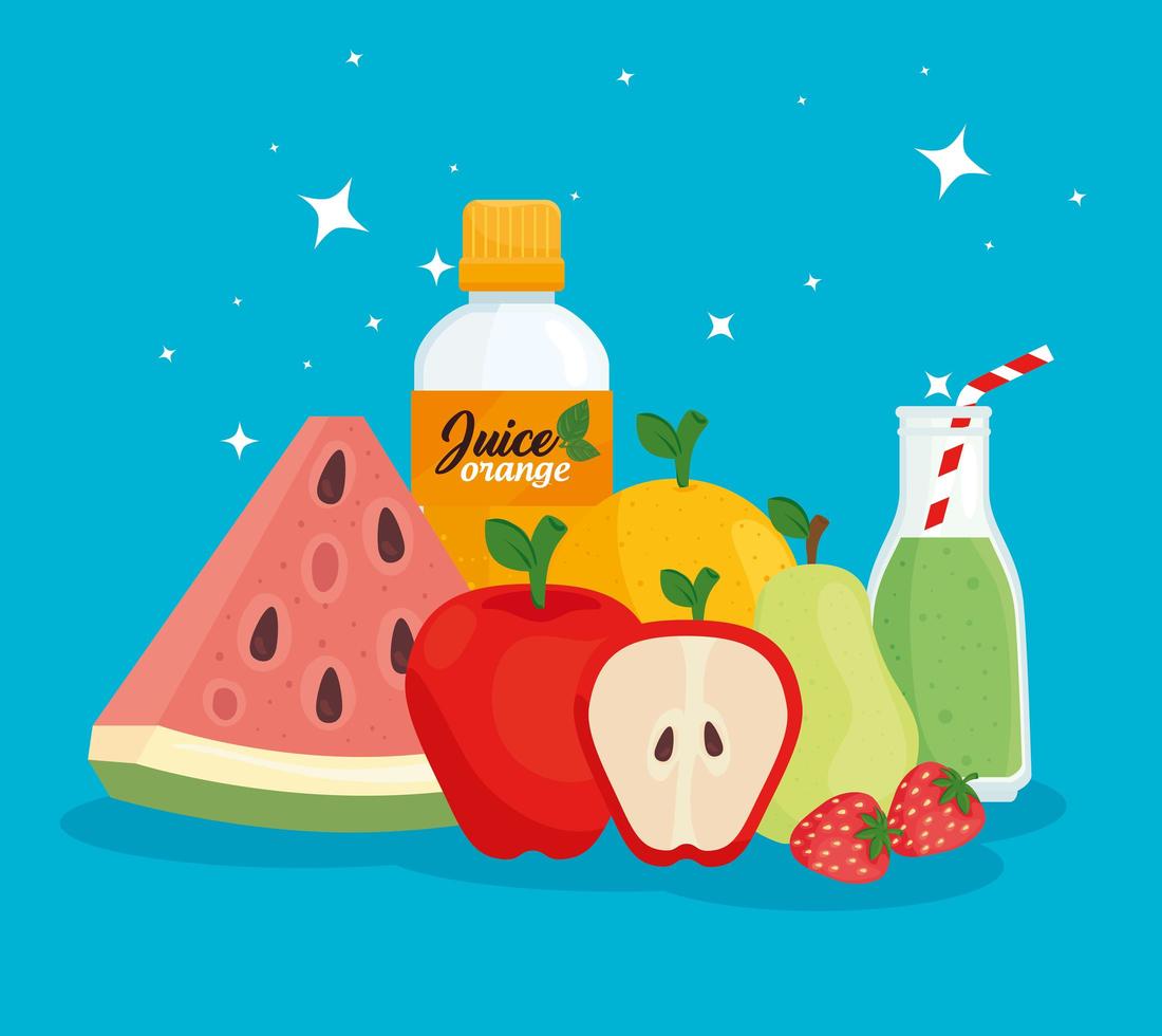 Banner de comida sana con frutas frescas y jugos. vector